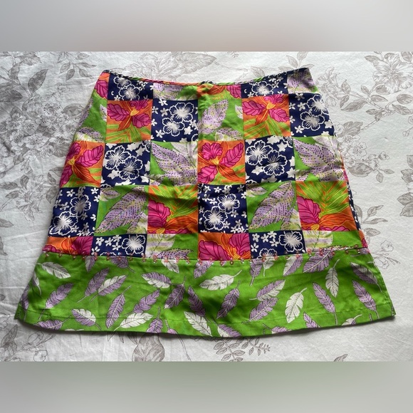 Vintage Silk Tropical Patchwork Printed Mini Skirt 14 Preppy Resortwear Vacation - Picture 1 of 8